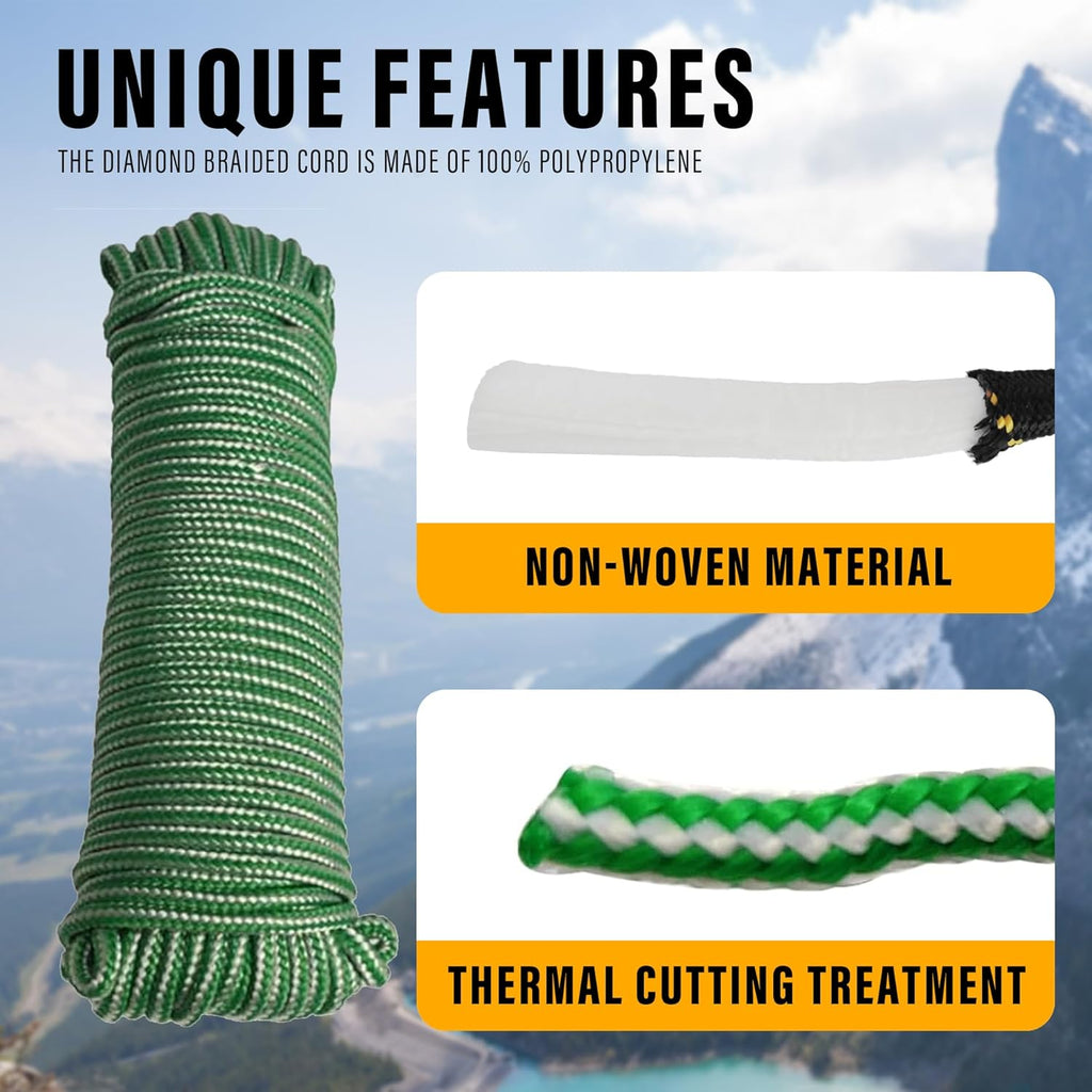 Diamond Braided Polypropylene Rope Nylon Rope Mix Thick Heavy Duty Ropes 5/32'' 66ft 3Packs High