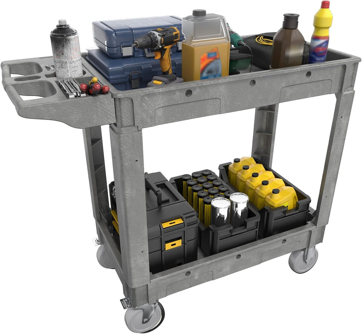 2 Tier Plastic Rolling Cart Utility Cart on Wheels, Heavy Duty Tool Carts with Ergonomic Storage