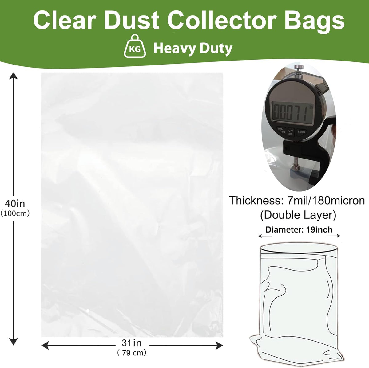Dust Collector Bags 12pcs two-sided 7mil 19.5" diameter (31" width x 40" length) for Harbor Freight