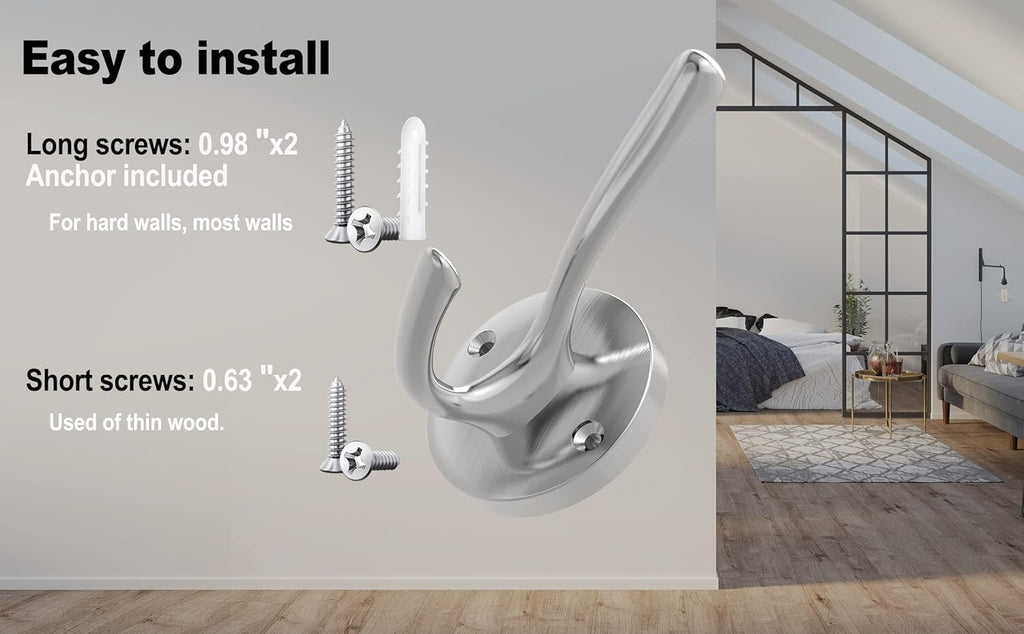 Brushed Nickel Wall Hooks Towel Hooks, 2 Pack Coat Robe Hook Heavy Duty Bathroom Double Hook Wall