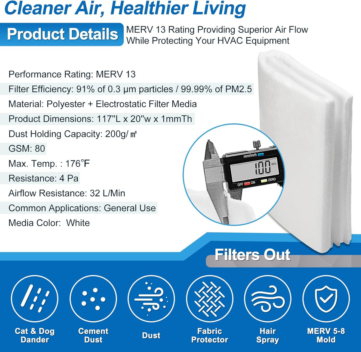 UCINNOVATE 32Ft² MERV 13 AC Vent Filters Kit, 2 Pack 20"x117" Cut to Size Air Filter Material with