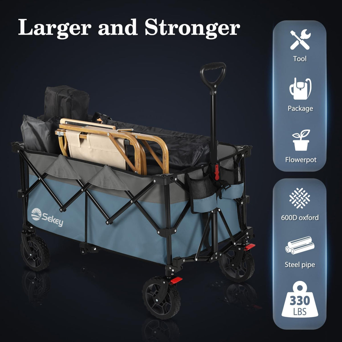 Sekey 220L Collapsible Foldable Wagon with 330lbs Weight Capacity, Heavy Duty Folding Wagon Cart