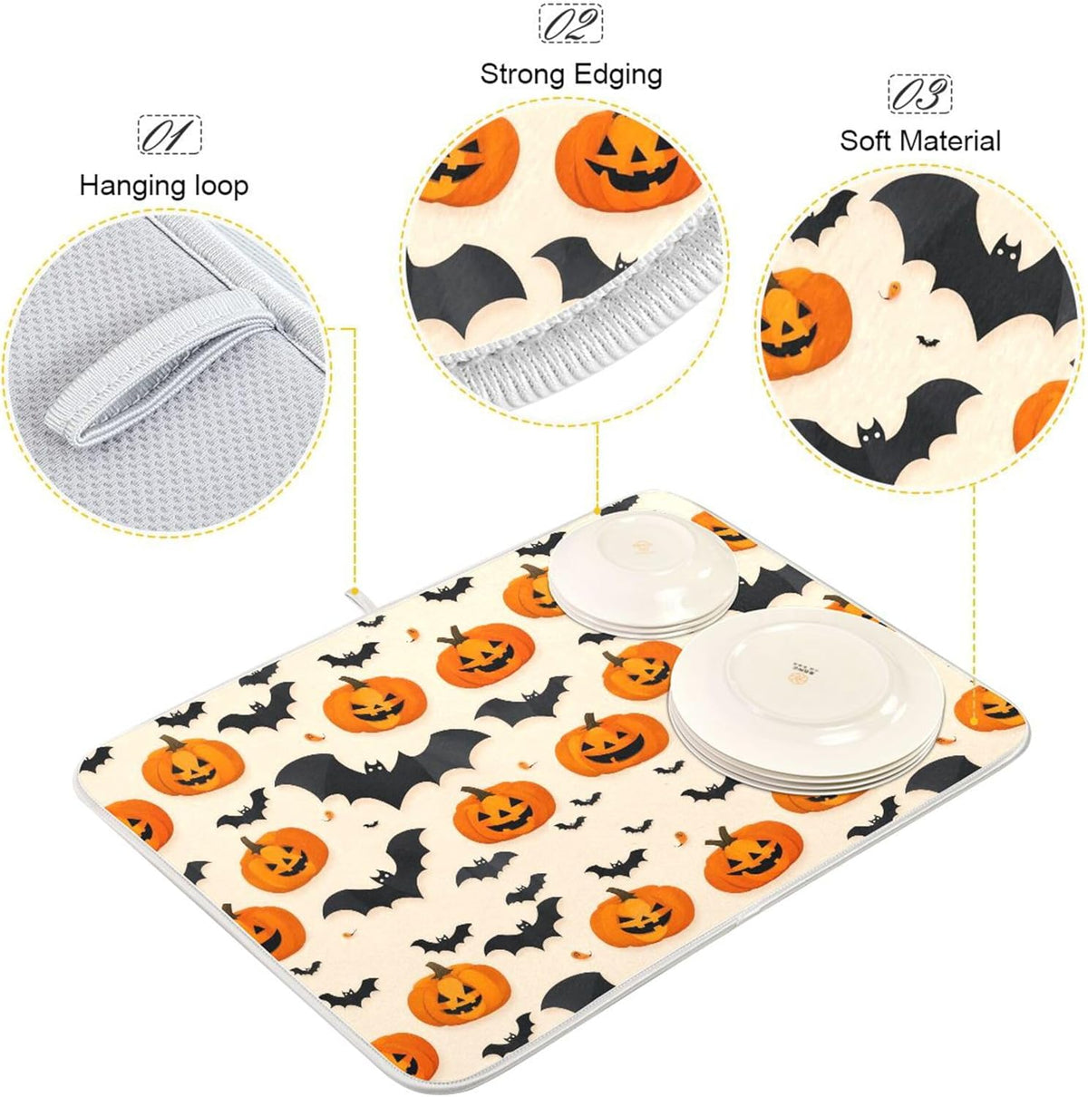 Halloween Black Bat Dish Drying Mat for Kitchen Countertop 18x24 Spooky Evil Pumpkin Lantern Large