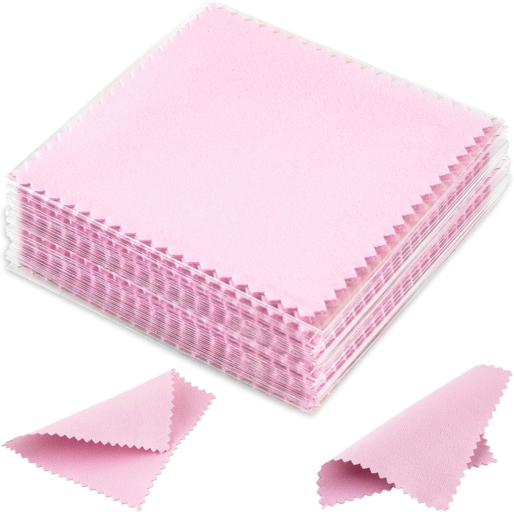 50 Pack Jewelry Polishing Cloth, 3.15" x 3.15" Pink Cleaning Cloths, Small Silver Cleaning &