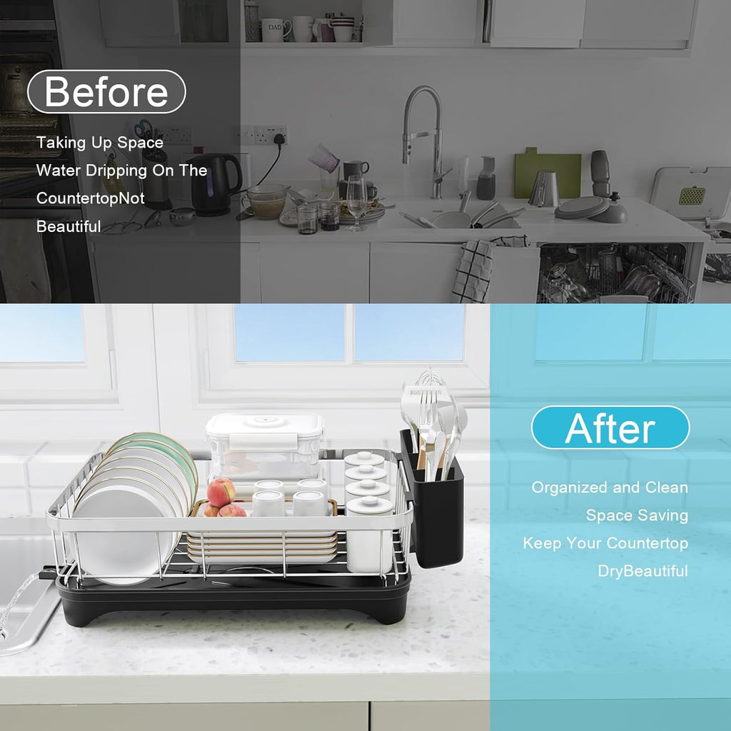 Dish Drying Rack 304 Stainless Steel Dish Rack with Drainboard,Space Spaving Auto-Draining Drying