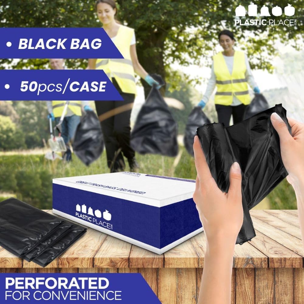Plasticplace Contractor Trash Bags 33 Gallon - 3.0 Mil, Heavy Duty Garbage Bag 33” x 39”, Black, 50