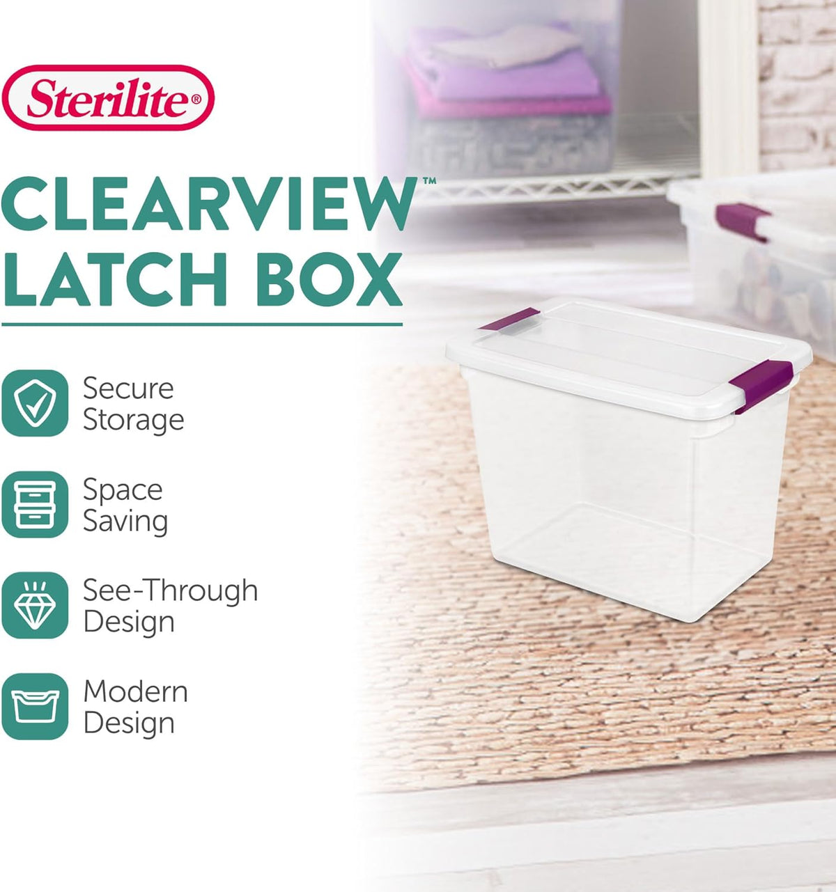 Sterilite 12-Pack 27 Quart ClearView Latch Box, Stackable Organizer Bins with Latching Lids - Clear