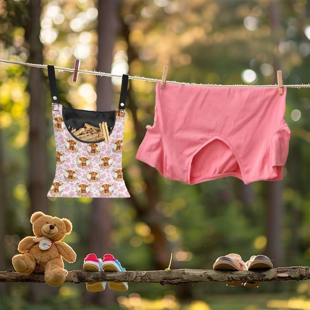 Cattle Clothespin Bags with Hanging Rope Pink Cow Print 14.5 x 12 Inch Summer Waterproof Laundry