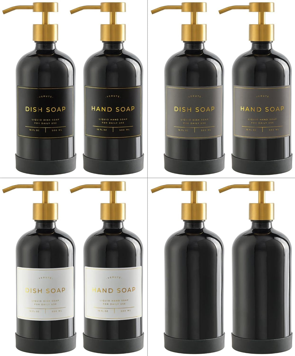 16oz Glass Soap Dispenser with Stainless Steel Pump, 21 Waterproof Labels, Non-Slip Protective