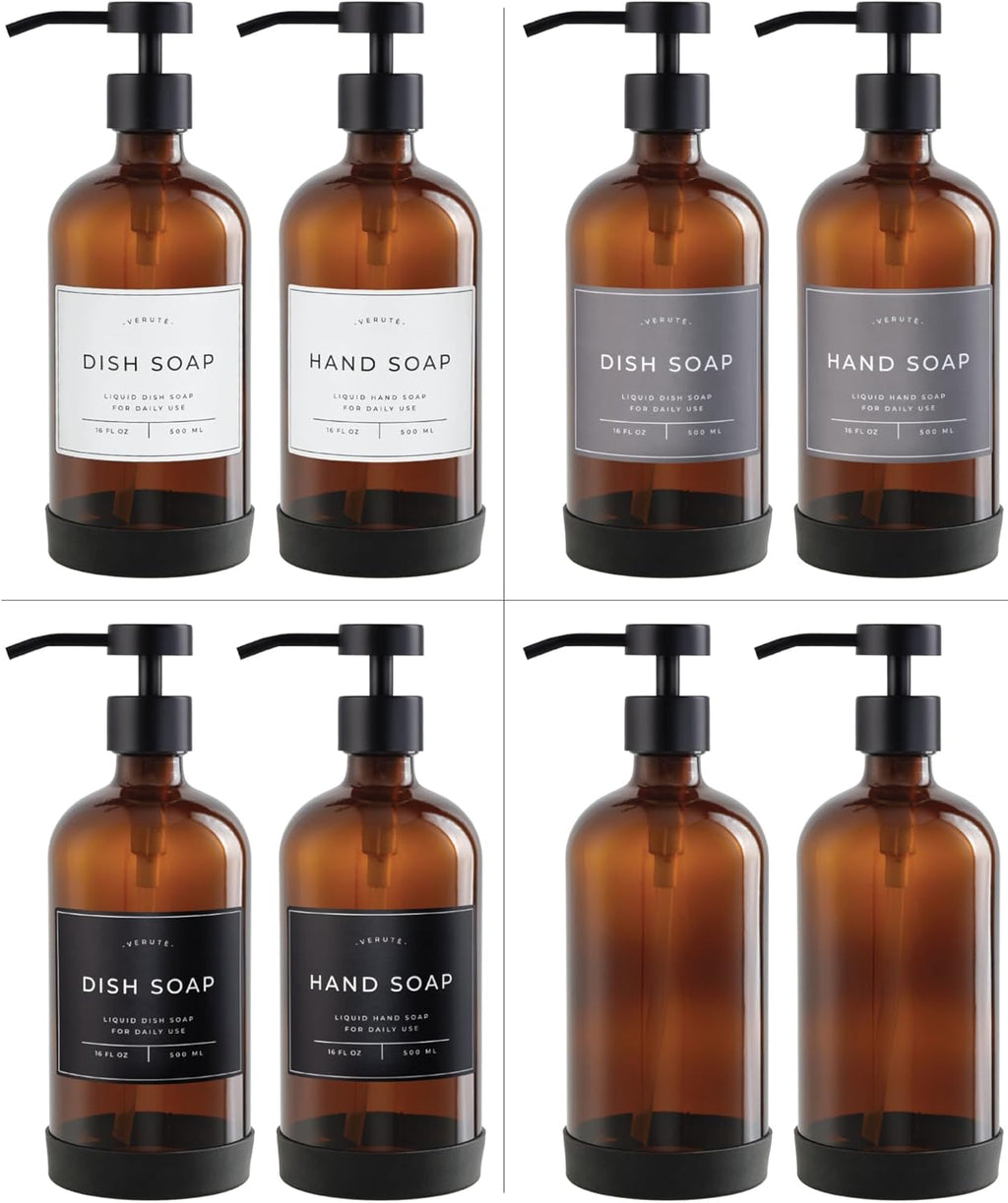 16oz Glass Soap Dispenser with Stainless Steel Pump, 21 Waterproof Labels, Non-Slip Protective