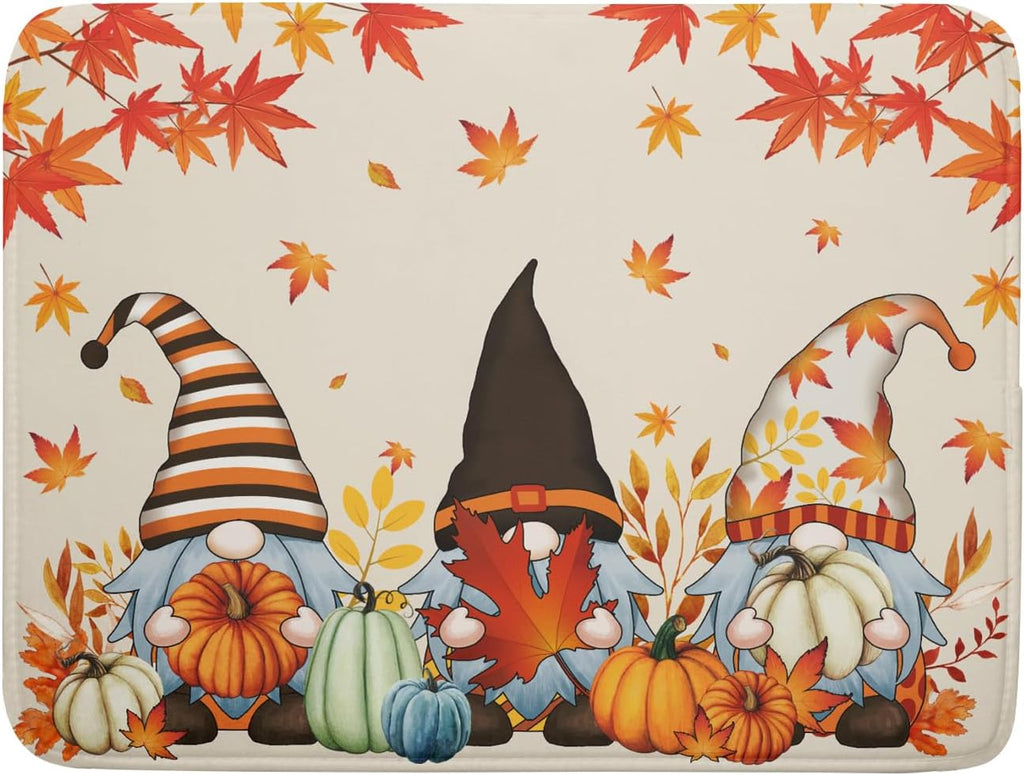 Fall Gnome Dish Drying Mat for Kitchen Counter Autumn Pumpkin Maple Leaves Dishes Pad Absorbent