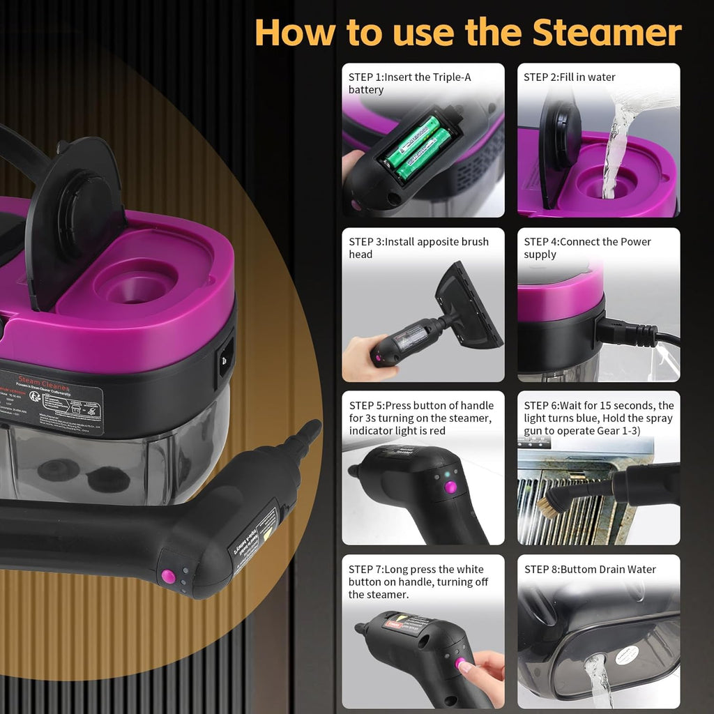 Steam Cleaner, 3-Level Adjustable Handle, 15s Heat-Up, 1.69 Quarts Tank, Portable Steamer for