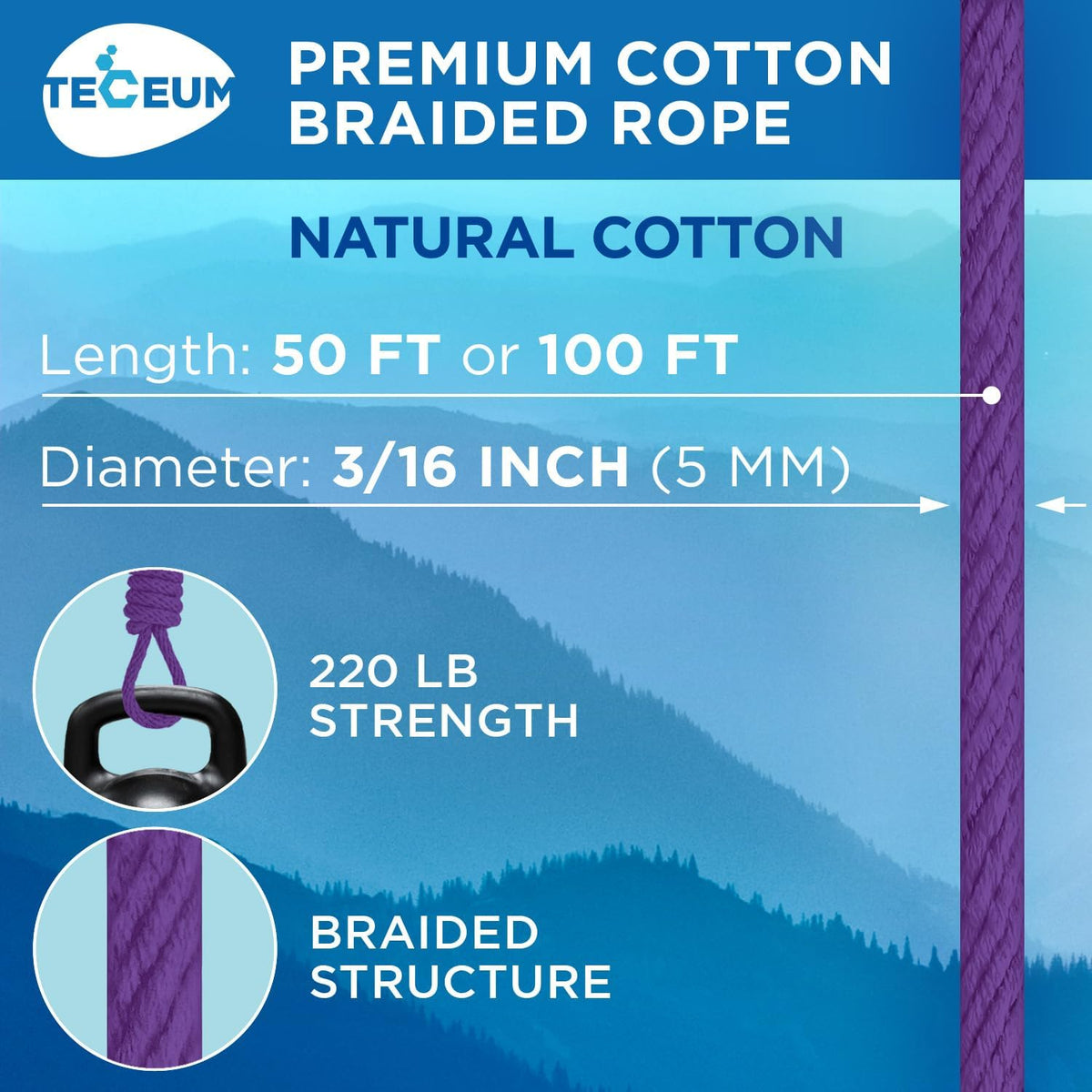 TECEUM Cotton Rope 3/16” (5 mm) – 100 FT – Strong All-Purpose Braided Rope – Natural Cotton – for