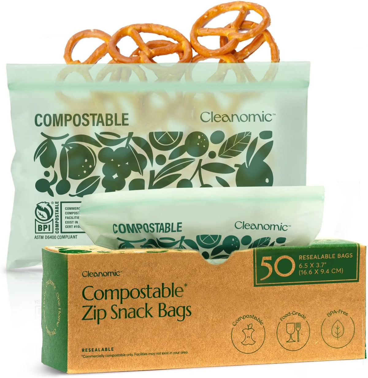 Cleanomic Compostable* Snack Size Food Storage Bags (50 Eco Zip) Freezer and Leak Proof, Also