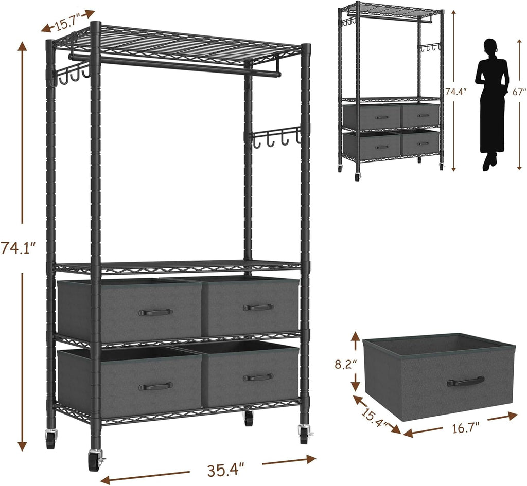 Clothes Rack, Heavy Duty Clothing Rack for Hanging Clothes, 4-Tier Adjustable Closet Organizer with