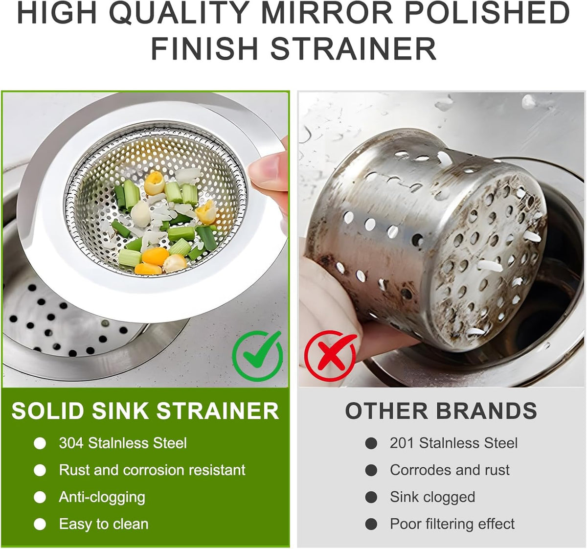 3pcs Heavy Duty Stainless Steel Slop Basket Filter Trap, 4.5" Top / 2.95" Mesh Metal Sink