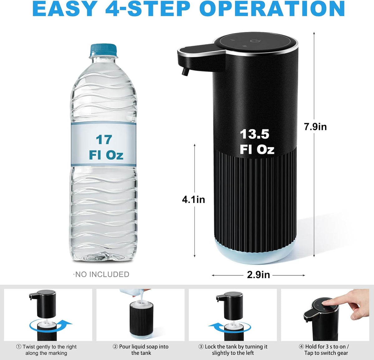 Automatic Soap Dispenser, 2 Pack Black Touchless Liquid Soap Dispenser for Bathroom, 13.5 Fl Oz