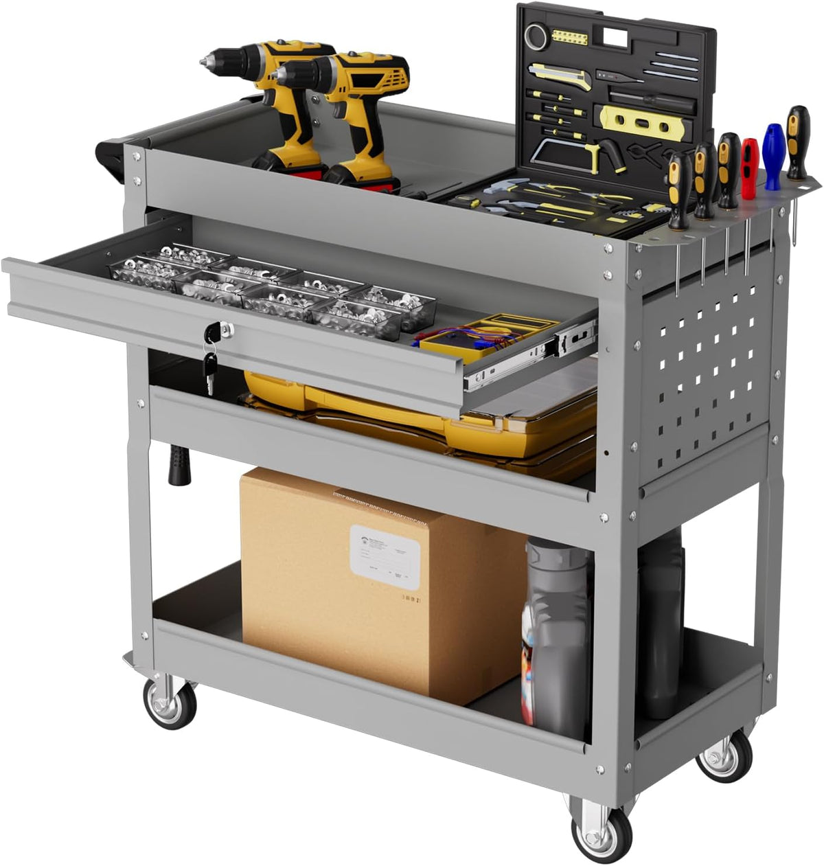 3-Tier Rolling Tool Cart with Drawers, Heavy Duty Utility Storage Cart with pegboard, Lockable