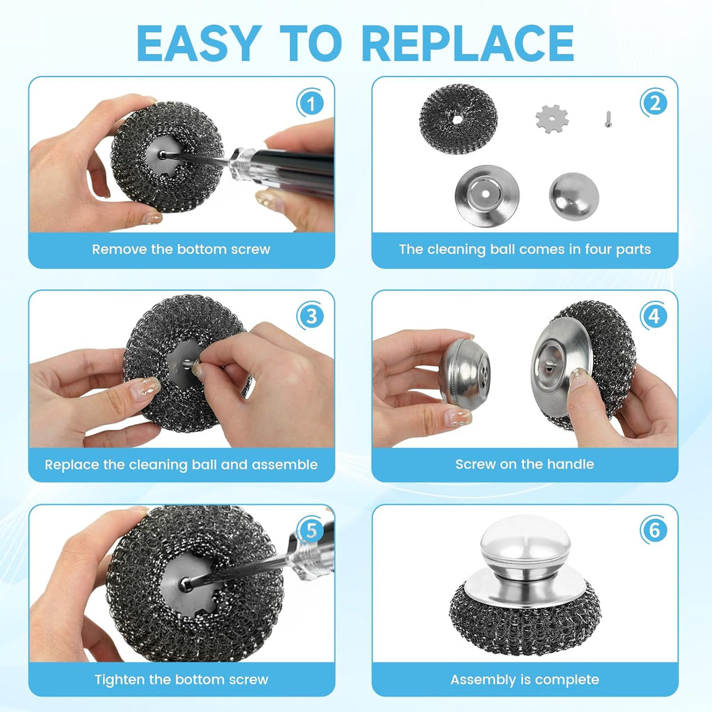 6Pcs Steel Wool Scrubber, Stainless Steel Scrubber with Handle for Cleaning Kitchen and Household