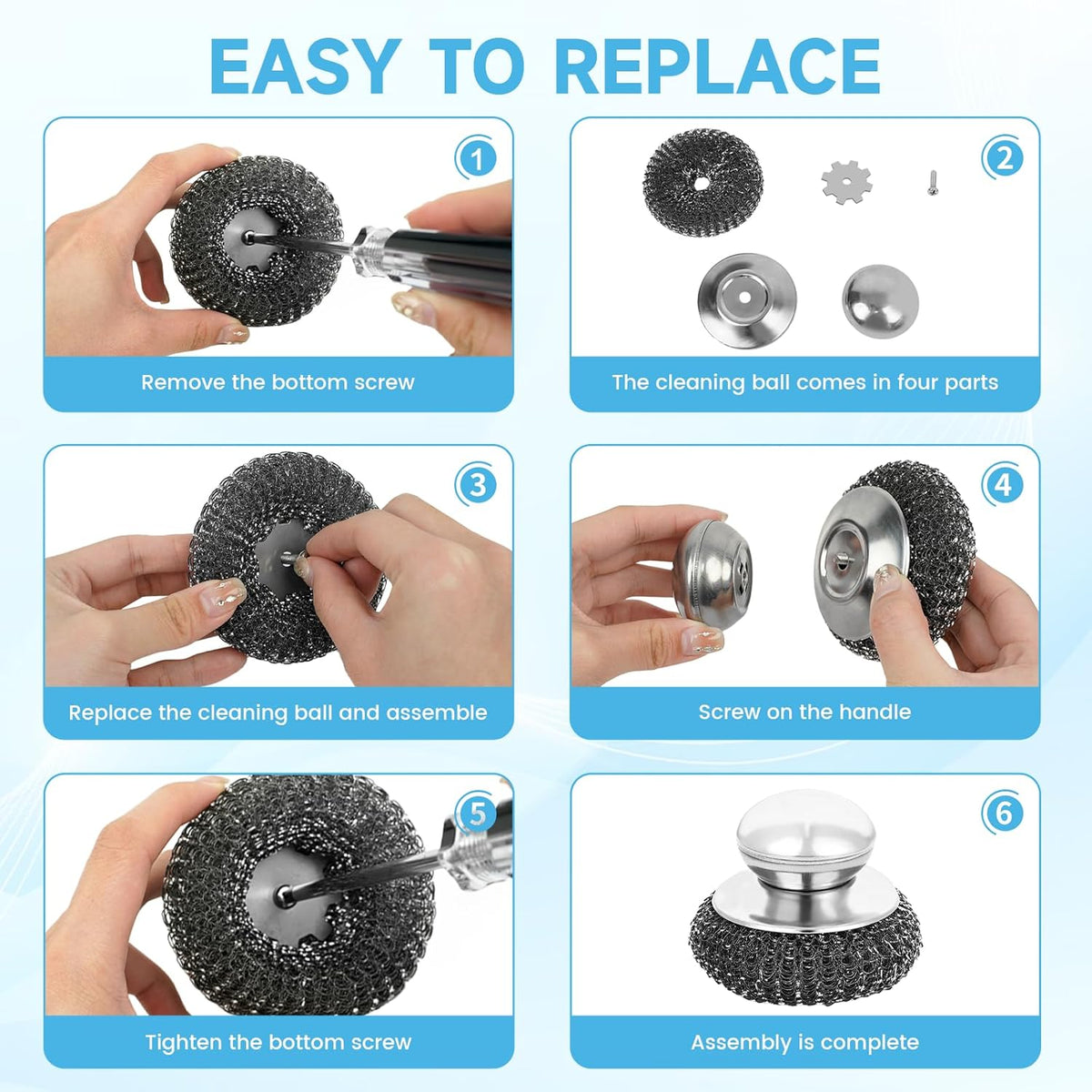 6Pcs Steel Wool Scrubber, Stainless Steel Scrubber with Handle for Cleaning Kitchen and Household