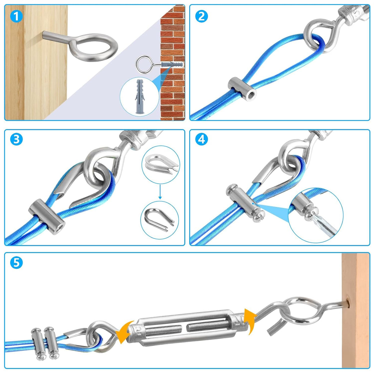 Turnbuckles for Cables Wire, 1/8" X 100Ft Blue PVC Coated Wire Rope Kit, Multi-use Steel Cable for