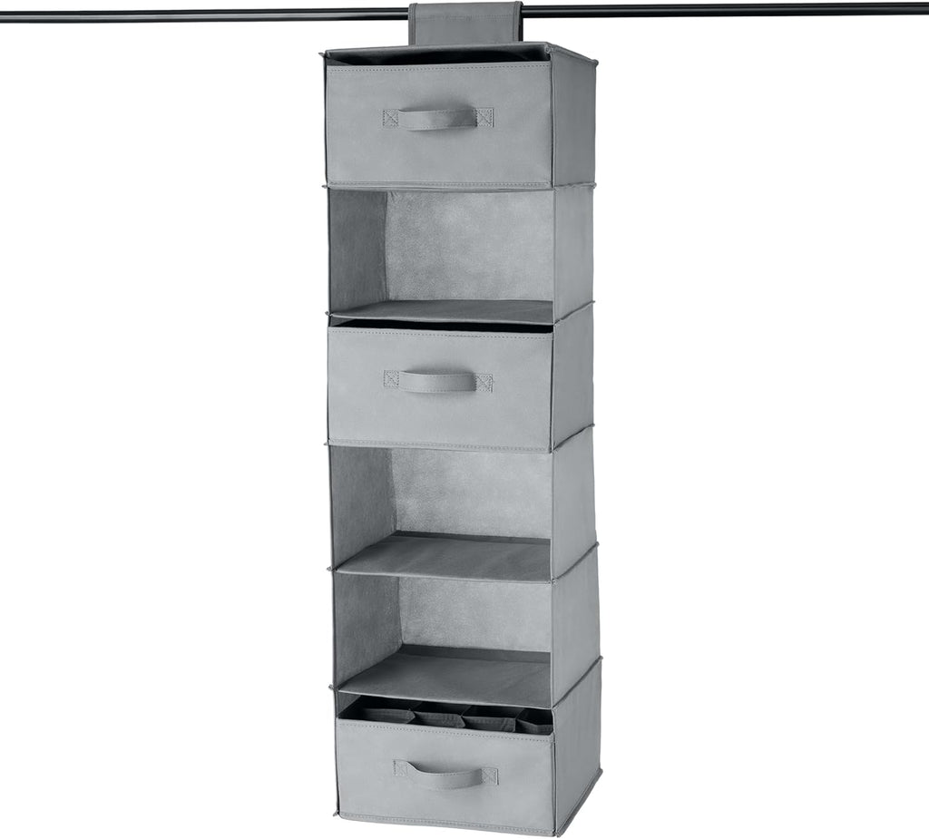 Amazon Basics 6-Tier Hanging Shelf Closet Storage Organizer with Removable Drawers, Grey, 6.9"D x