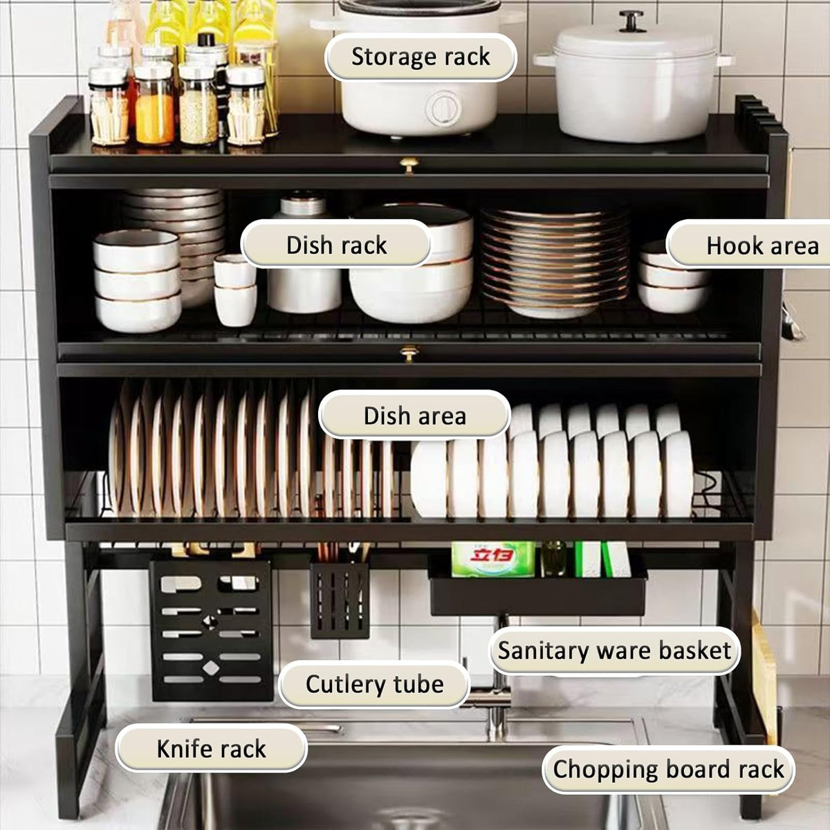 Dish Drying Rack 4 Tiers with Cover, Keep Kitchen Sink Shlef Organized Space-Saving, Large Drying