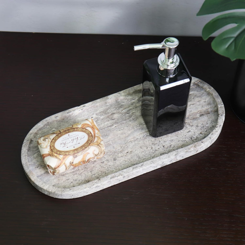 Natural Marble Tray, Oval Vanity Decorative Tray for Bathroom Counter, Countertop Stone Organizer