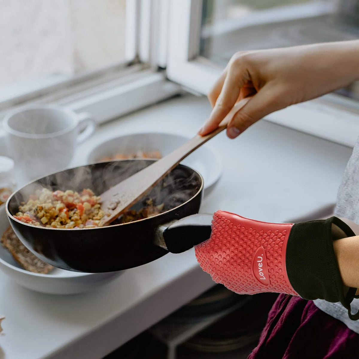 Kitchen Oven Gloves - Dual-Layer Heat Resistant Grilling Gloves, Silicone Oven Mitts with 5