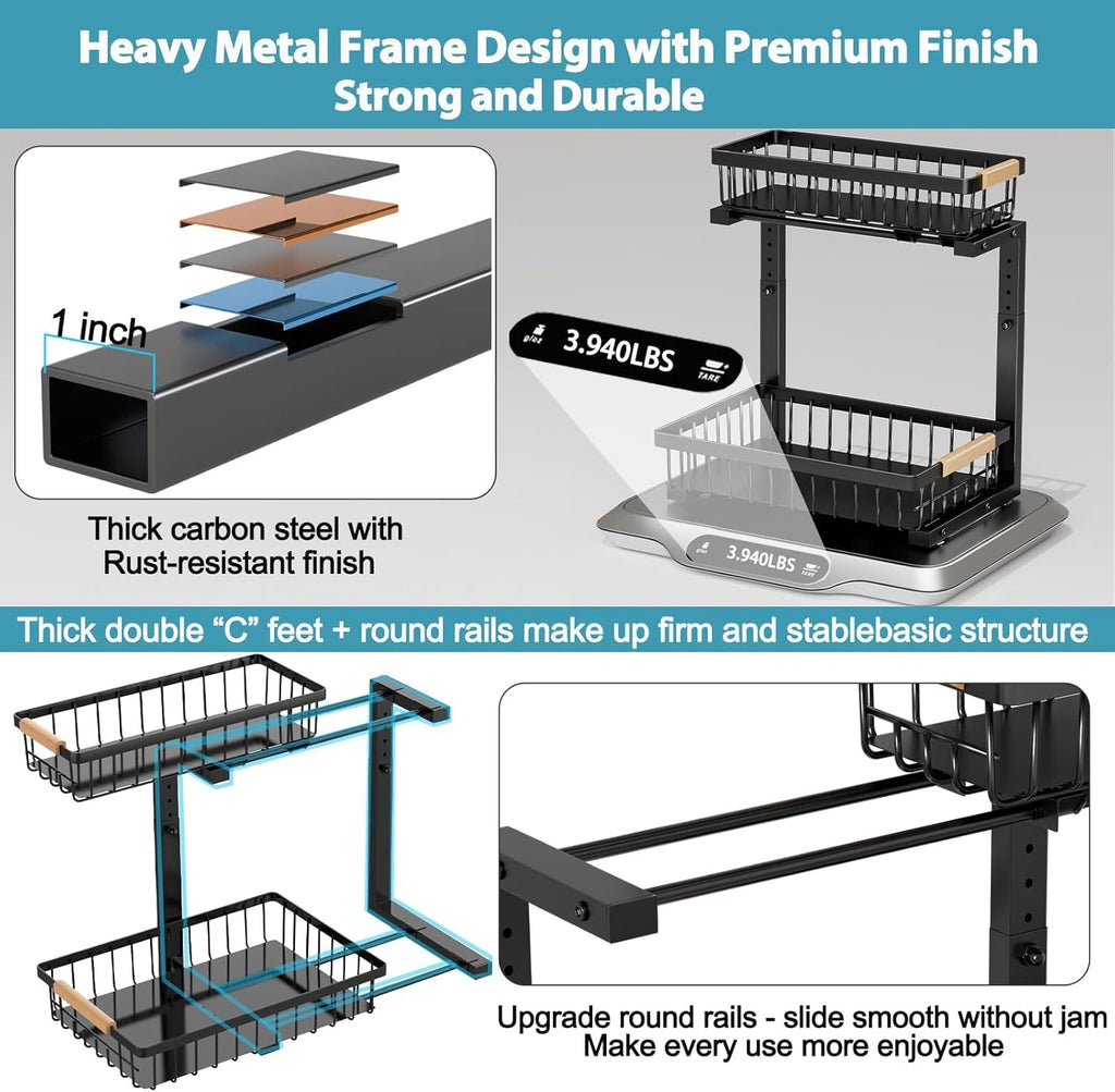 Under Sink Organizer Storage 2 Pack, 2 Tier Slide Out Height Adjustable Pull Out Cabinet Organizer