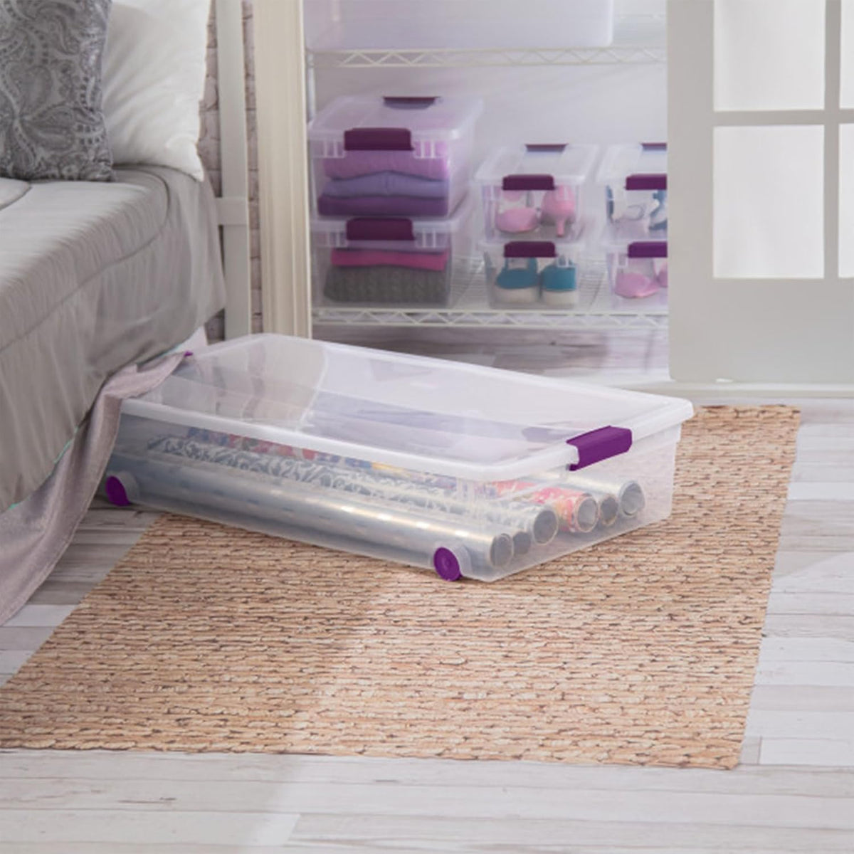 Sterilite 4-Pack 60 Quart ClearView Latch Box, Wheeled Underbed Organizer Bins with Latching Lids