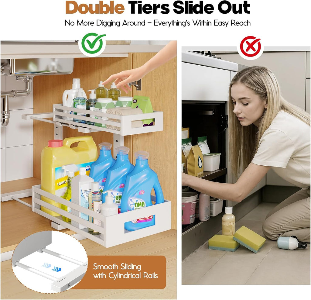 2-Pack Under Sink Organizers and Storage,2-Tier L Shape Pull Out Cabinet Organizer With Round Tube