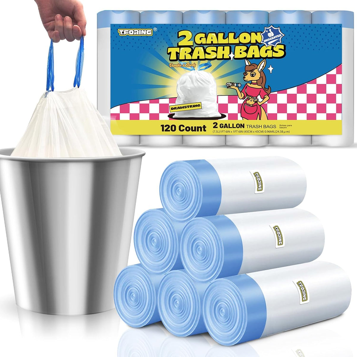 2 Gallon Trash Bags Drawstring 0.96 Mil - 120 Count Small Garbage Bags Unscented,White Mini Trash