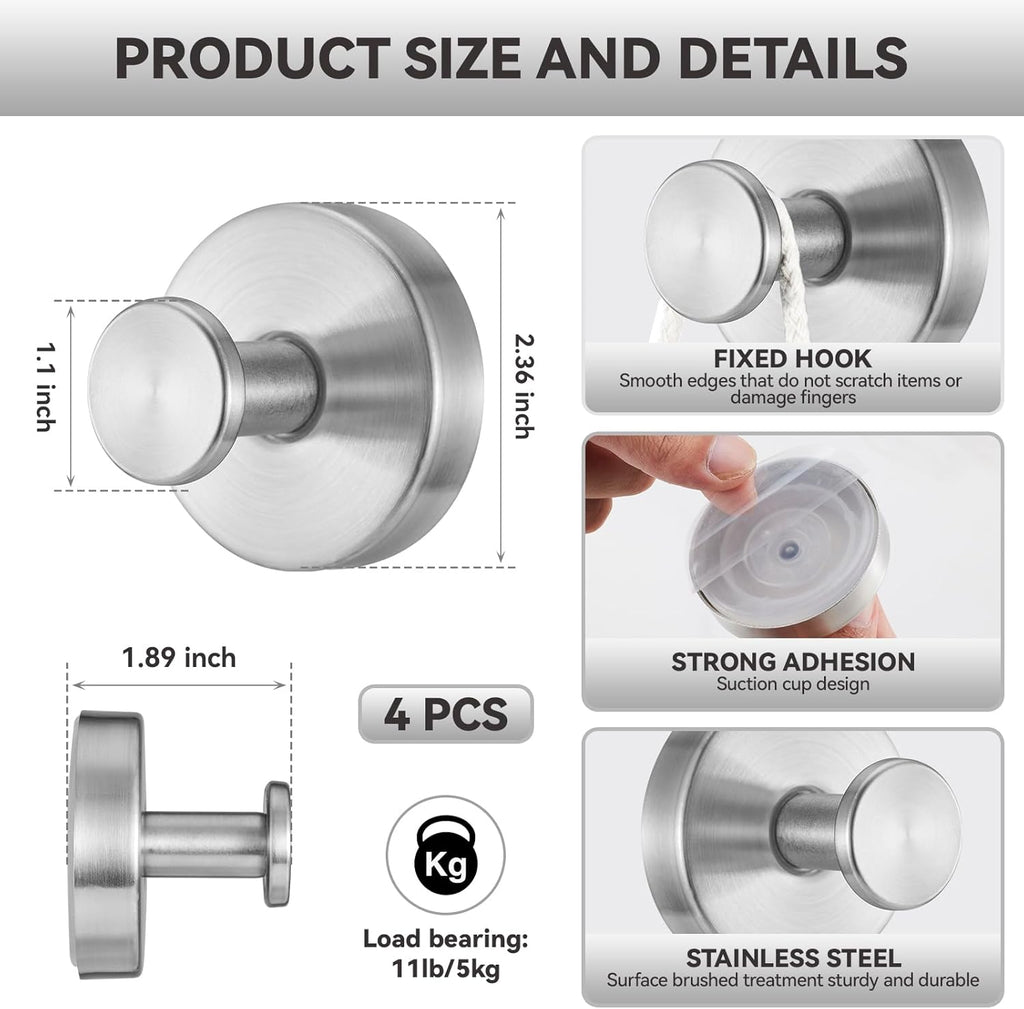 4 PCS Suction Cup Hooks for Shower, Stainless Steel No Drill Suction Towel Hooks, Reusable Sticky