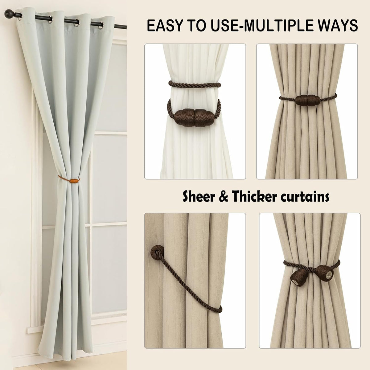 Magnetic Curtain Tiebacks Rope Curtain Tie Backs for Curtains 8 Pack Curtain Holders for Drapes