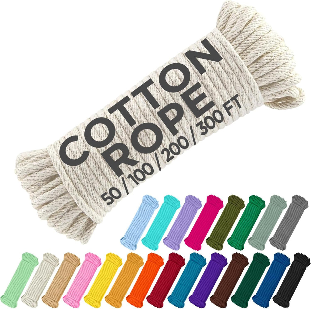 TECEUM 500lb Cotton Rope 3/16” (5 mm) – 100 FT – Strong All-Purpose Braided Rope – Natural Cotton