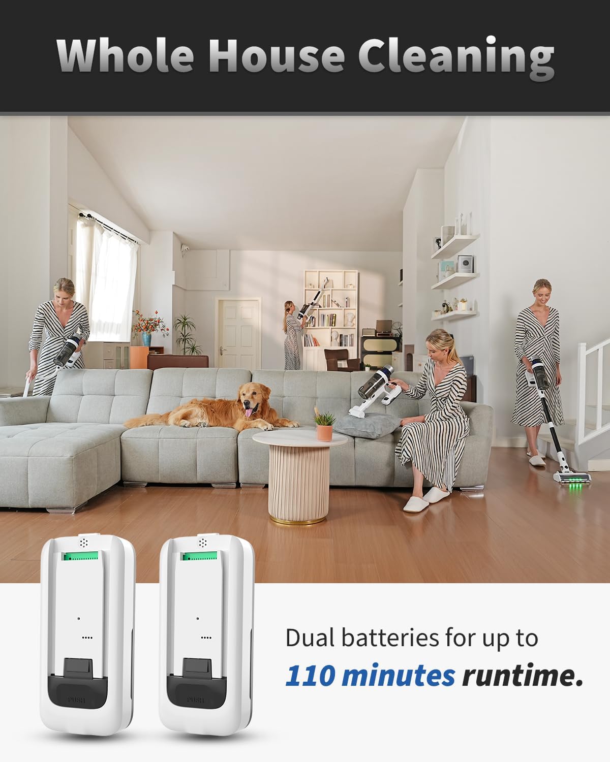 Cordless Vacuum Cleaner, 2 Batteries 110 Mins Runtime Vacuum Cleaners for Home, 550W 45KPA 15-in-1