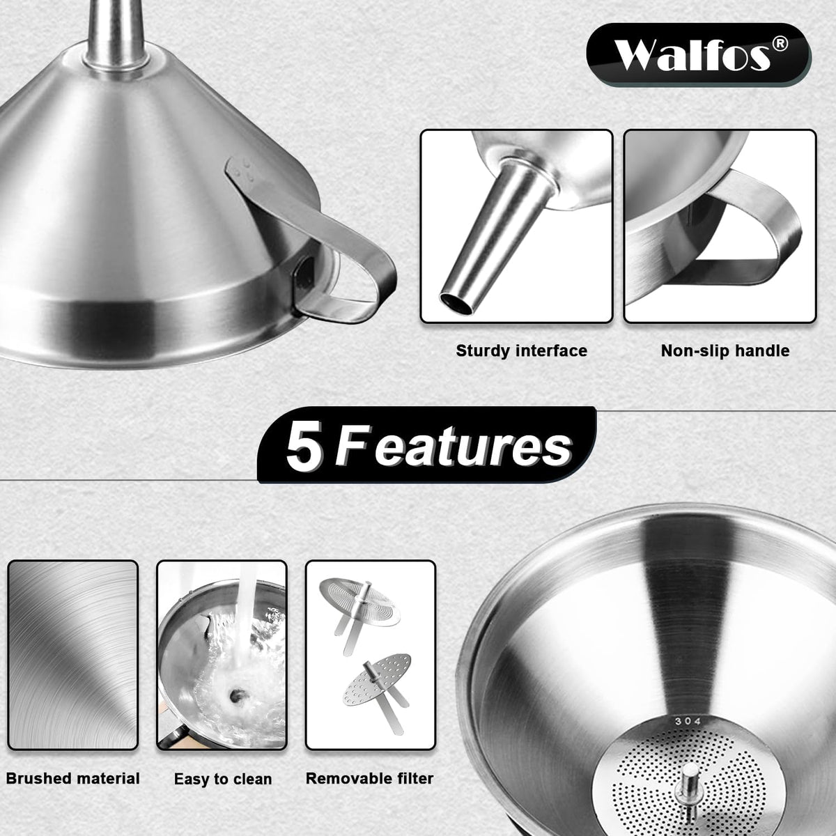 Stainless Steel Funnel, Walfos 3 Different Sizes of Kitchen funnels with 2 Removable Strainer ＆