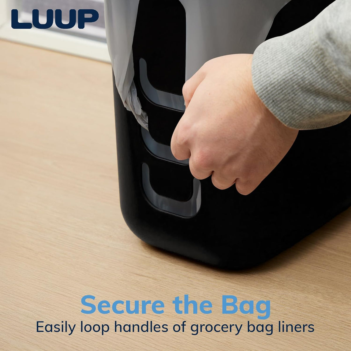 STORi Luup Bathroom Wastebasket, Secure Grocery Bags, Plastic Garbage Container for Vanity, Laundry