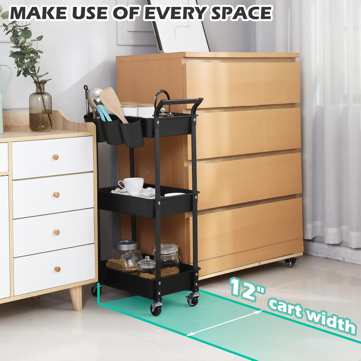 3-Tier Utility Rolling Cart,Mobile Utility Cart with Lockable Caster Wheels,Storage Shelves