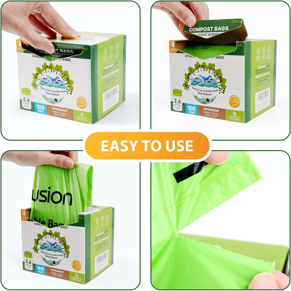 GreFusion 2.6 Gallon Compostable Trash Bags, 100 Count, Extra Thick 0.71 Mil, Certified by BPI and