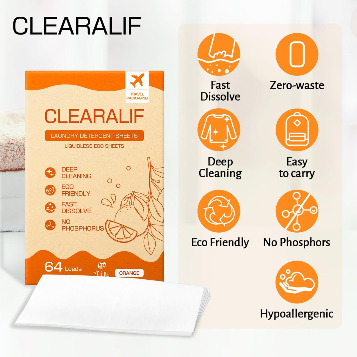 CLEARALIF Laundry Detergent Sheets, Orange, 64 Load, CLEARALIF Laundry Detergent Strips Eco