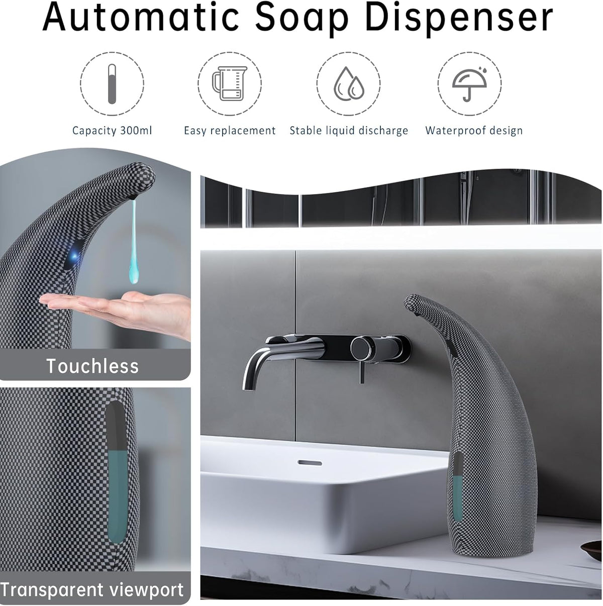 Automatic Liquid Soap Dispenser,300ML Touchless 4 Gear Adjustable, Countertop Electric Battery