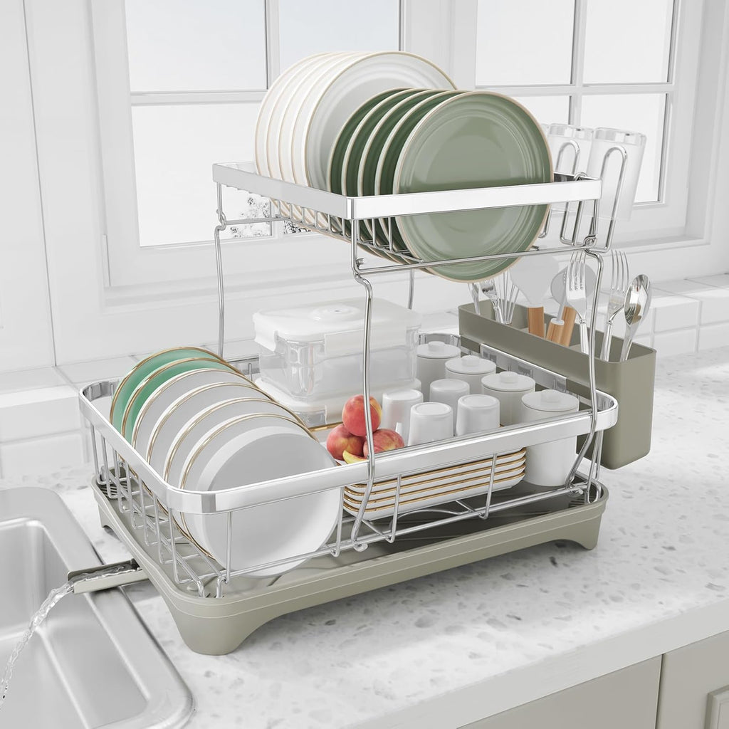 Dish Drying Rack, 2 -Tier 304 Stainless Steel Adjustable Spout Auto-Draining Dish Rack, Space