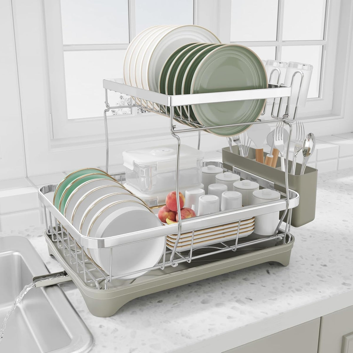 Dish Drying Rack, 2 -Tier 304 Stainless Steel Adjustable Spout Auto-Draining Dish Rack, Space