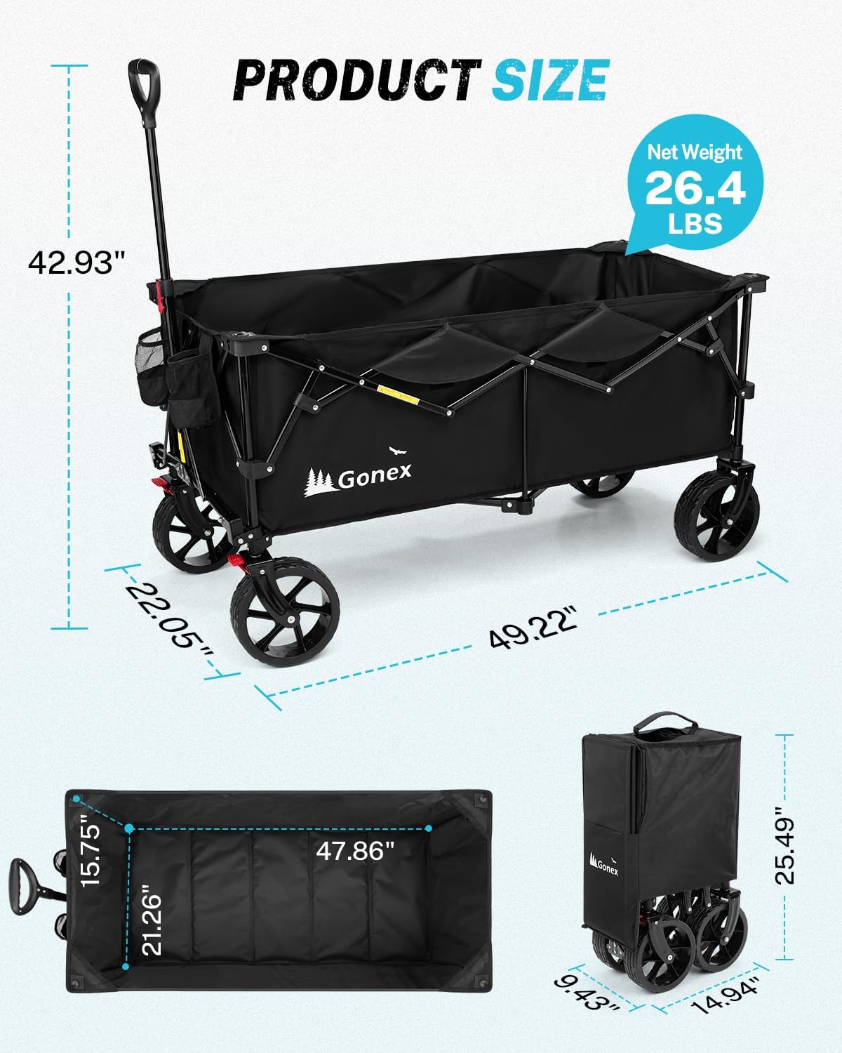 Gonex 48''L Collapsible Foldable Heavy Duty Oversized Wagon with 440lbs Weight Capacity, 300L