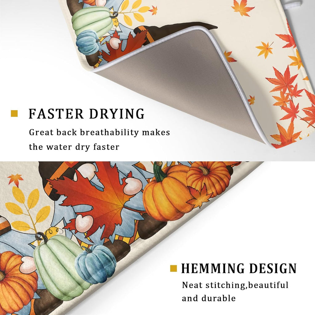 Fall Gnome Dish Drying Mat for Kitchen Counter Autumn Pumpkin Maple Leaves Dishes Pad Absorbent