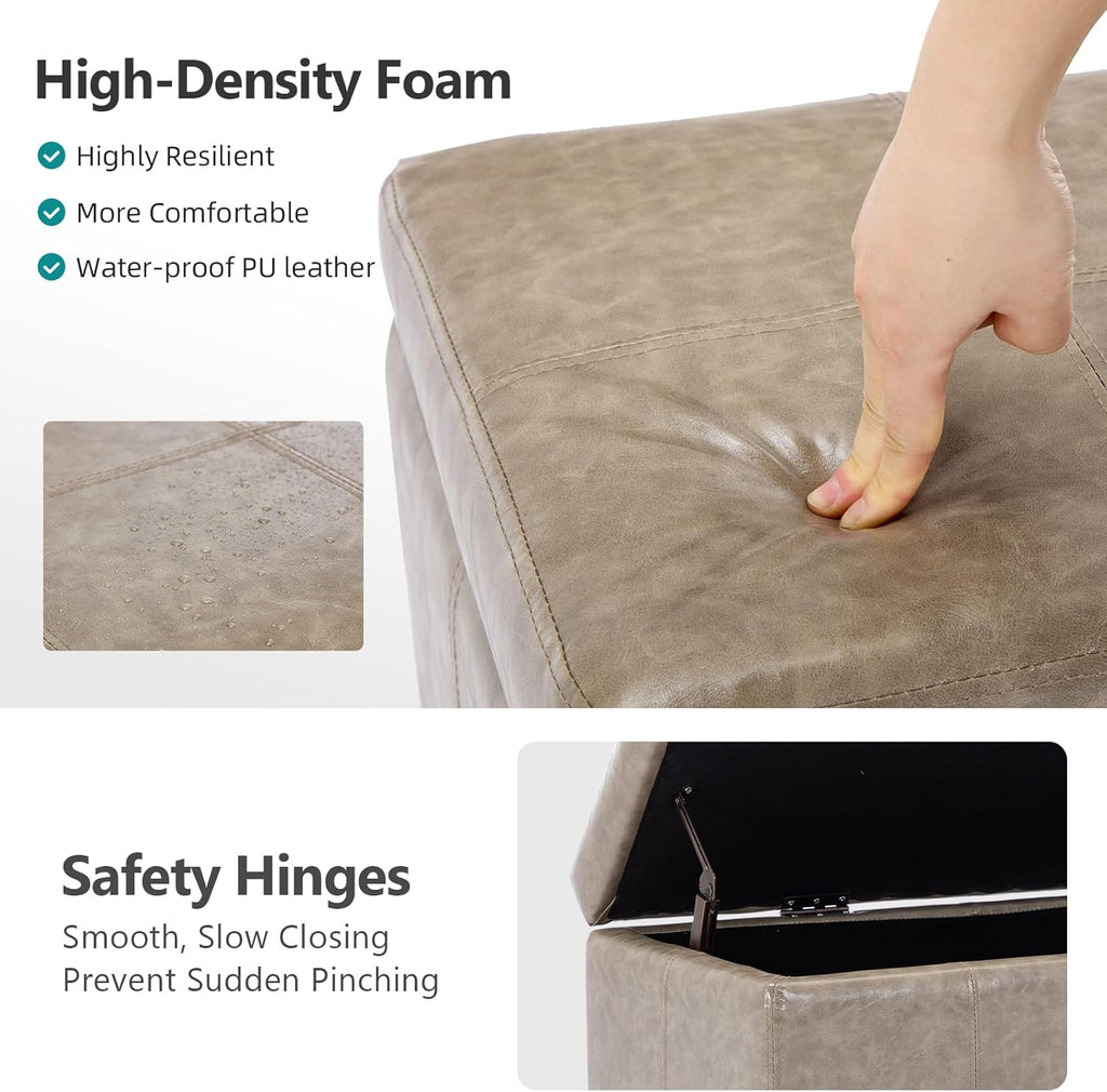 Faux Leather Ottoman with Storage, 42 Inch Rectangular Storage Ottoman Bench with Safety Hinged