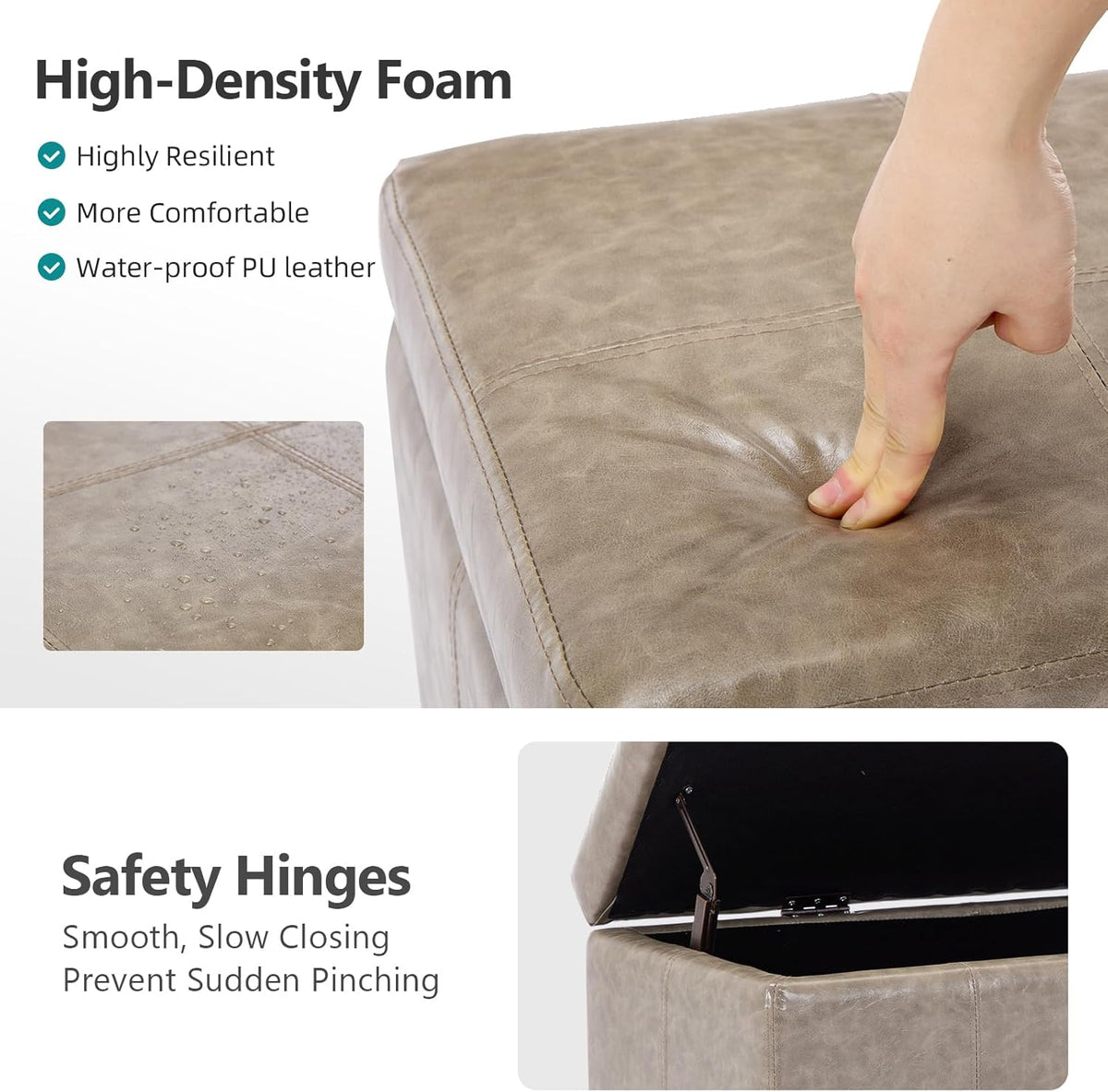Faux Leather Ottoman with Storage, 42 Inch Rectangular Storage Ottoman Bench with Safety Hinged