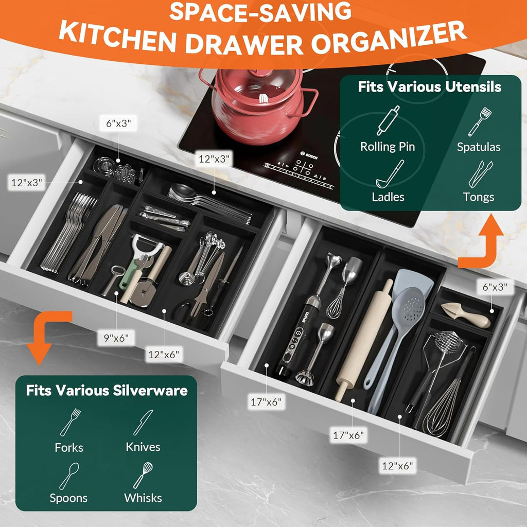 Bamboo Drawer Organizer, Cutlery Silverware Organizer for Kitchen Drawer, Stackable Utensil